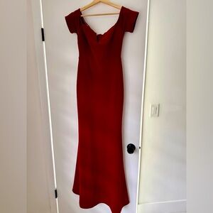 Long Off the Shoulder Red/Burgundy dress perfect for Wedding or Prom.
